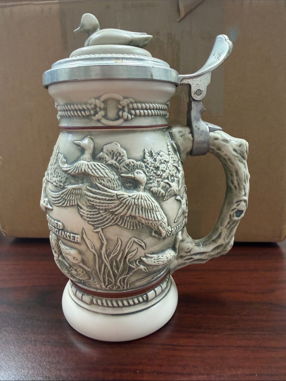 Avon Cream Ceramic Duck Relief Beer Stein with Pewter Lid